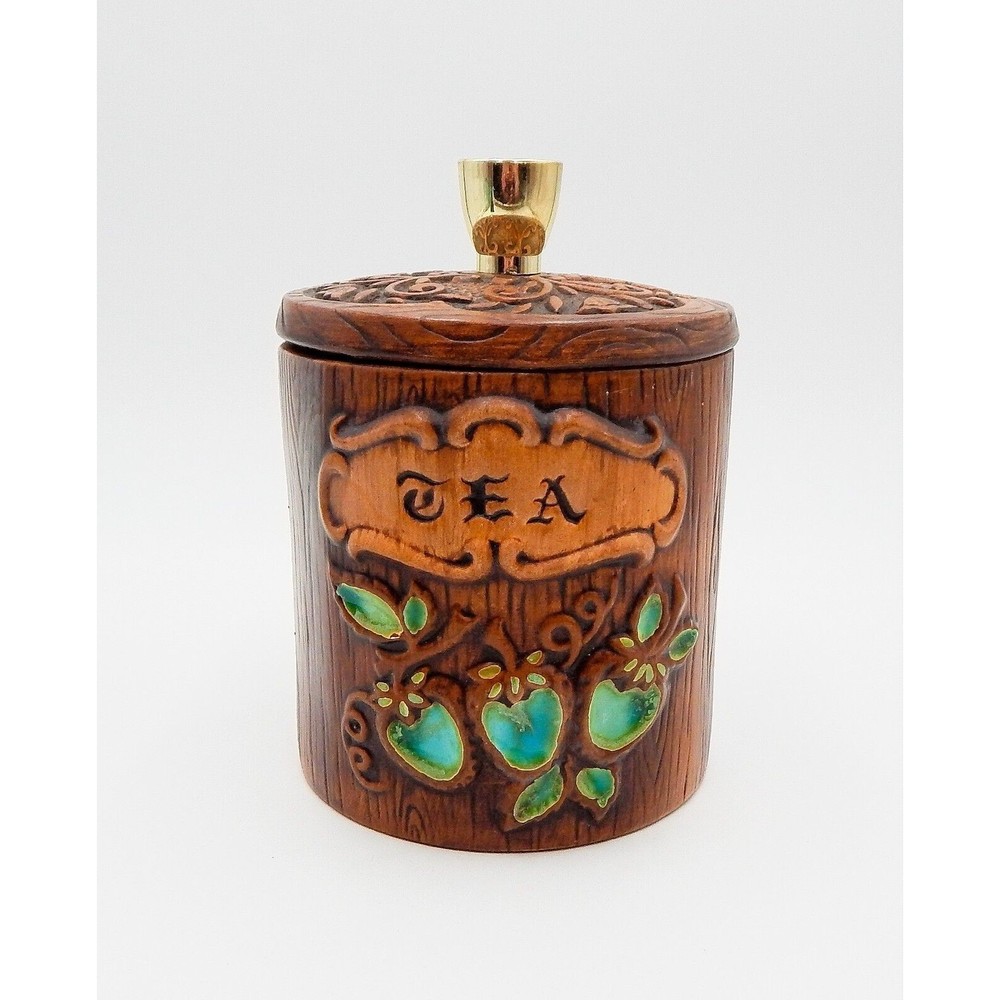 Treasure Craft Faux Wood Grain Turquoise Strawberry Tea Canister USA 7-1/2 Inch